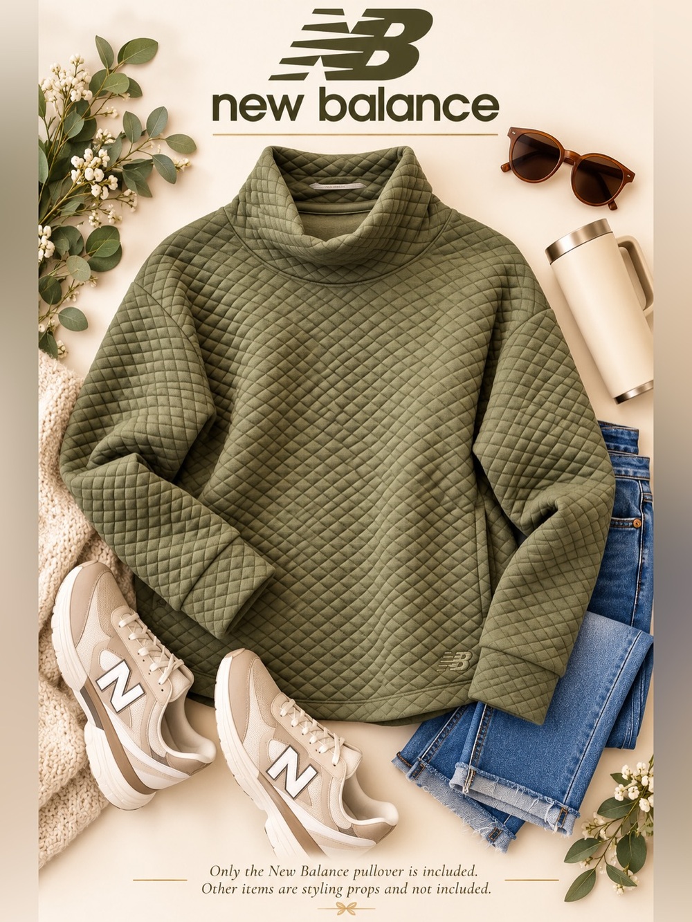 New Balance Olive Green Quilted Funnel Neck Pullover Women’s Large